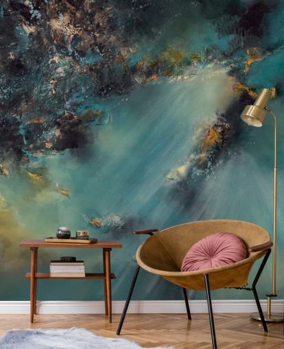 papier peint mural abstrait personnalisable bleu sarcelle appelé Celestial Light par Alison Johnson pour les chambres, les salons et les salles de bain