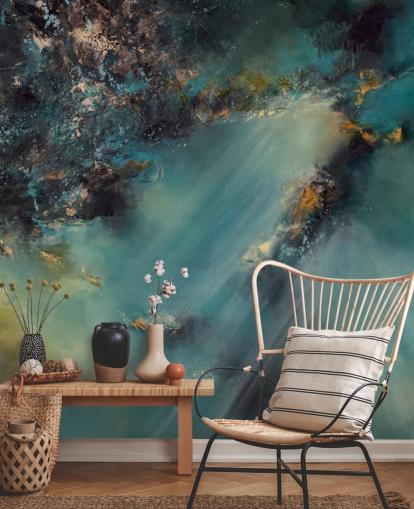 blågrøn tilpasselig abstrakt tapetmaleri kaldet Celestial Light af Alison Johnson til soveværelser, stuer og badeværelser blågrøn tilpasselig abstrakt tapetmaleri kaldet Celestial Light af Alison Johnson til soveværelser, stuer og badeværelser