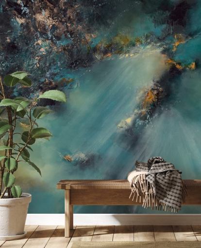 mural de papel de parede abstrato personalizável azul-petróleo chamado Celestial Light de Alison Johnson para quartos, salas de estar e banheiros mural de papel de parede abstrato personalizável azul-petróleo chamado Celestial Light de Alison Johnson para quartos, salas de estar e banheiros