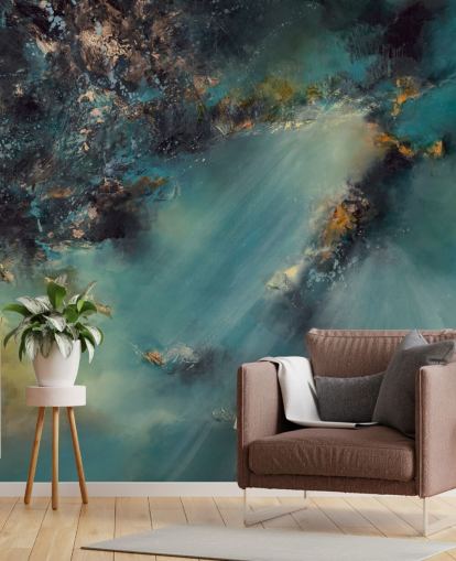 mural de papel de parede abstrato personalizável azul-petróleo chamado Celestial Light de Alison Johnson para quartos, salas de estar e banheiros mural de papel de parede abstrato personalizável azul-petróleo chamado Celestial Light de Alison Johnson para quartos, salas de estar e banheiros