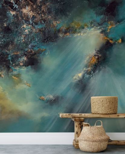 mural de papel pintado abstracto personalizable de color verde azulado llamado Celestial Light de Alison Johnson para dormitorios, salas de estar y baños