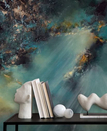 mural de papel pintado abstracto personalizable de color verde azulado llamado Celestial Light de Alison Johnson para dormitorios, salas de estar y baños