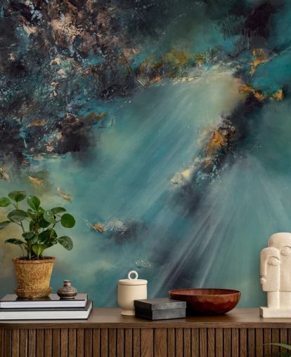 mural de papel de parede abstrato personalizável azul-petróleo chamado Celestial Light de Alison Johnson para quartos, salas de estar e banheiros