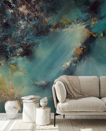 carta da parati murale astratta personalizzabile color verde acqua chiamata Celestial Light di Alison Johnson per camere da letto, salotti e bagni