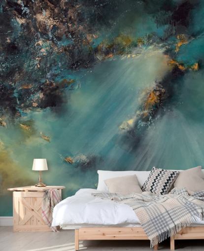 mural de papel de parede abstrato personalizável azul-petróleo chamado Celestial Light de Alison Johnson para quartos, salas de estar e banheiros mural de papel de parede abstrato personalizável azul-petróleo chamado Celestial Light de Alison Johnson para quartos, salas de estar e banheiros