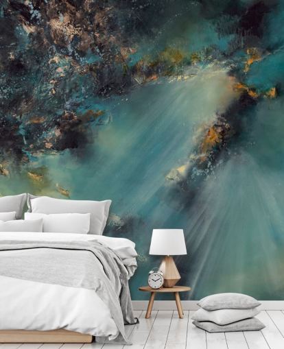 blågrønn tilpassbart abstrakt tapetmaleri kalt Celestial Light av Alison Johnson for soverom, stuer og bad