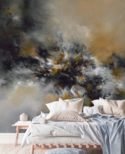 papier peint mural abstrait orange et noir appelé Glowing Embers par Alison Johnson pour les chambres, les salons et les couloirs 