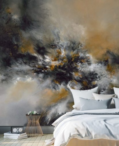 carta da parati murale astratta arancione e nera chiamata Glowing Embers di Alison Johnson per camere da letto, salotti e corridoi 