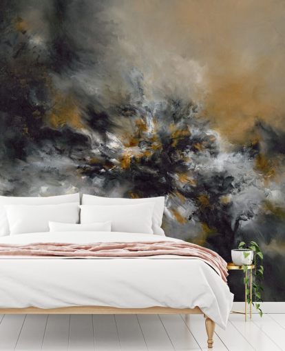 orange och svart abstrakt tapetväggmålning kallad Glowing Embers av Alison Johnson för sovrum, lounger och korridorer 