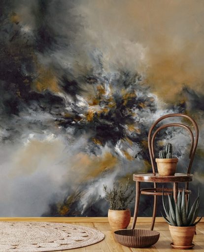 mural de papel pintado abstracto naranja y negro llamado Glowing Embers de Alison Johnson para dormitorios, salones y pasillos 