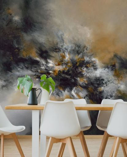 oranje en zwarte abstracte behangmuurschildering genaamd Glowing Embers van Alison Johnson voor slaapkamers, lounges en gangen 