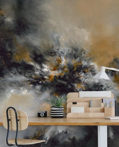 mural de papel de parede abstrato laranja e preto chamado Glowing Embers de Alison Johnson para quartos, salões e corredores 