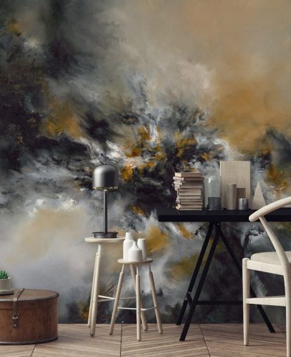 oransje og svart abstrakt tapetmaleri kalt Glowing Embers av Alison Johnson for soverom, salonger og ganger 