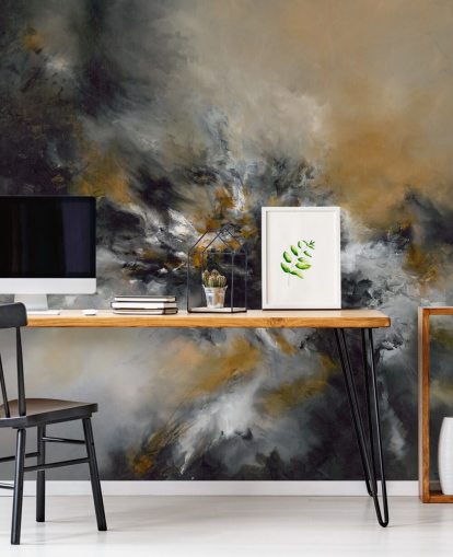 orange och svart abstrakt tapetväggmålning kallad Glowing Embers av Alison Johnson för sovrum, lounger och korridorer 