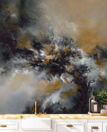 oransje og svart abstrakt tapetmaleri kalt Glowing Embers av Alison Johnson for soverom, salonger og ganger 