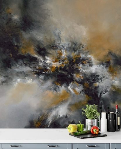 papier peint mural abstrait orange et noir appelé Glowing Embers par Alison Johnson pour les chambres, les salons et les couloirs 