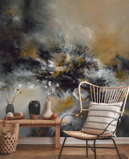 mural de papel de parede abstrato laranja e preto chamado Glowing Embers de Alison Johnson para quartos, salões e corredores 