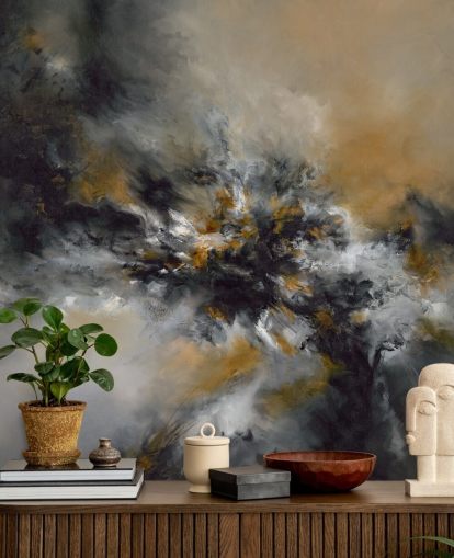 oranje en zwarte abstracte behangmuurschildering genaamd Glowing Embers van Alison Johnson voor slaapkamers, lounges en gangen oranje en zwarte abstracte behangmuurschildering genaamd Glowing Embers van Alison Johnson voor slaapkamers, lounges en gangen