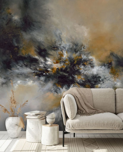oranje en zwarte abstracte behangmuurschildering genaamd Glowing Embers van Alison Johnson voor slaapkamers, lounges en gangen oranje en zwarte abstracte behangmuurschildering genaamd Glowing Embers van Alison Johnson voor slaapkamers, lounges en gangen