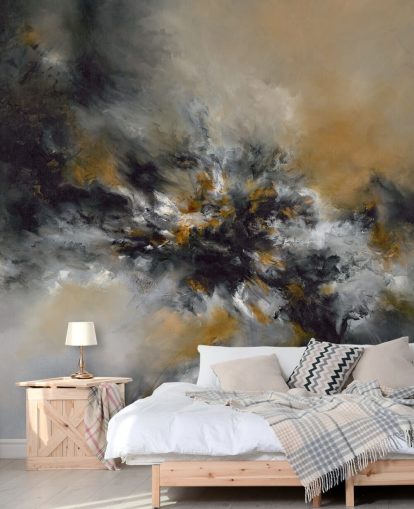 mural de papel pintado abstracto naranja y negro llamado Glowing Embers de Alison Johnson para dormitorios, salones y pasillos 