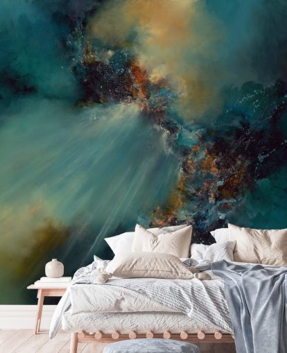 blå och guld anpassningsbar abstrakt tapetväggmålning kallad Nebula av Alison Johnson för sovrum