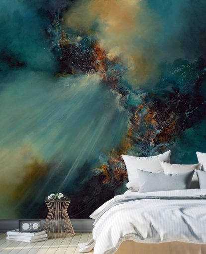 blått og gull tilpassbart abstrakt tapetmaleri kalt Nebula av Alison Johnson for soverom blått og gull tilpassbart abstrakt tapetmaleri kalt Nebula av Alison Johnson for soverom
