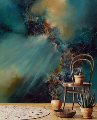 Individuell gestaltbares abstraktes Tapeten-Wandbild Nebula von Alison Johnson in Blau und Gold für Schlafzimmer Individuell gestaltbares abstraktes Tapeten-Wandbild Nebula von Alison Johnson in Blau und Gold für Schlafzimmer