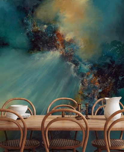 papier peint mural abstrait personnalisable bleu et or appelé Nebula par Alison Johnson pour les chambres