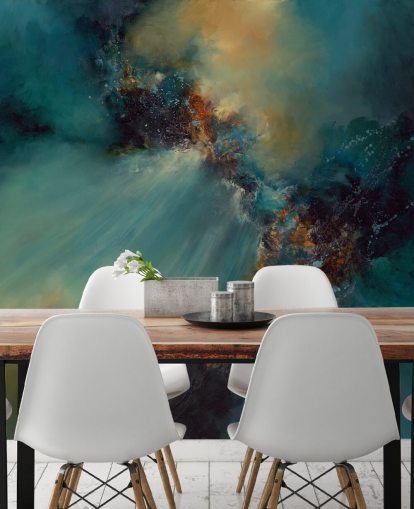 mural de papel pintado abstracto personalizable azul y dorado llamado Nebula de Alison Johnson para dormitorios