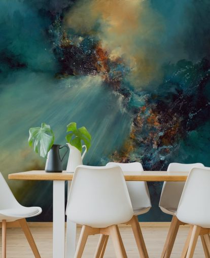 Individuell gestaltbares abstraktes Tapeten-Wandbild Nebula von Alison Johnson in Blau und Gold für Schlafzimmer