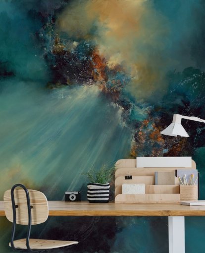 blauwe en gouden aanpasbare abstracte behangmuurschildering genaamd Nebula van Alison Johnson voor slaapkamers