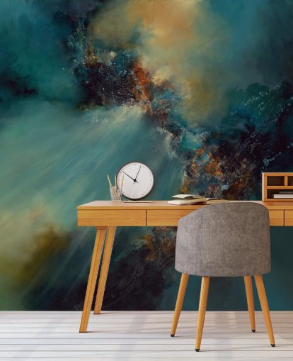 mural de papel de parede abstrato personalizável azul e dourado chamado Nebula de Alison Johnson para quartos