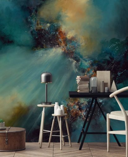 blue and gold customizable abstract wallpaper mural called Nebula by Alison Johnson for bedrooms