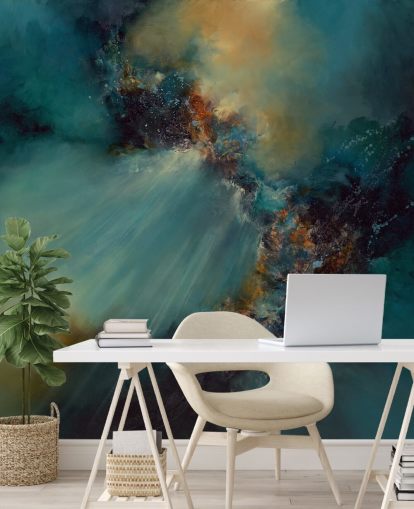 blå och guld anpassningsbar abstrakt tapetväggmålning kallad Nebula av Alison Johnson för sovrum blå och guld anpassningsbar abstrakt tapetväggmålning kallad Nebula av Alison Johnson för sovrum