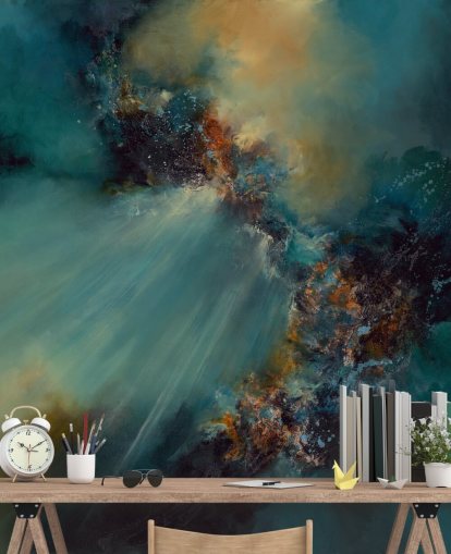 mural de papel pintado abstracto personalizable azul y dorado llamado Nebula de Alison Johnson para dormitorios