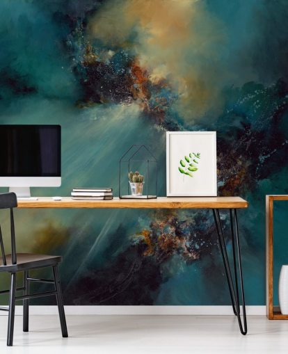 blå och guld anpassningsbar abstrakt tapetväggmålning kallad Nebula av Alison Johnson för sovrum