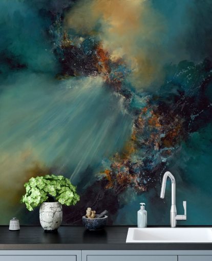 mural de papel pintado abstracto personalizable azul y dorado llamado Nebula de Alison Johnson para dormitorios mural de papel pintado abstracto personalizable azul y dorado llamado Nebula de Alison Johnson para dormitorios