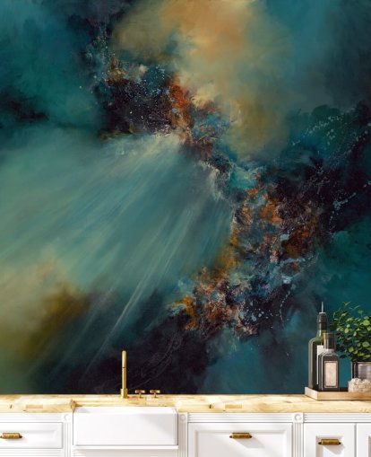 mural de papel pintado abstracto personalizable azul y dorado llamado Nebula de Alison Johnson para dormitorios