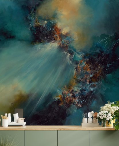 blue and gold customizable abstract wallpaper mural called Nebula by Alison Johnson for bedrooms