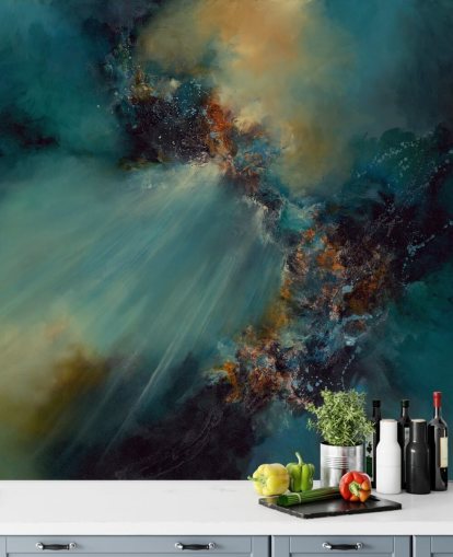 blue and gold customizable abstract wallpaper mural called Nebula by Alison Johnson for bedrooms