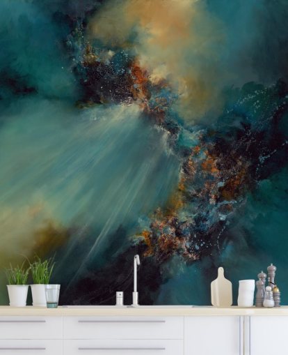 mural de papel de parede abstrato personalizável azul e dourado chamado Nebula de Alison Johnson para quartos