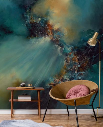 blå och guld anpassningsbar abstrakt tapetväggmålning kallad Nebula av Alison Johnson för sovrum