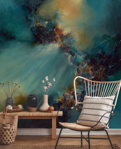 carta da parati murale astratta personalizzabile blu e oro chiamata Nebula di Alison Johnson per camere da letto