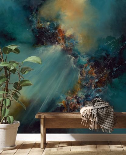 blauwe en gouden aanpasbare abstracte behangmuurschildering genaamd Nebula van Alison Johnson voor slaapkamers