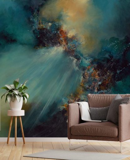 blauwe en gouden aanpasbare abstracte behangmuurschildering genaamd Nebula van Alison Johnson voor slaapkamers blauwe en gouden aanpasbare abstracte behangmuurschildering genaamd Nebula van Alison Johnson voor slaapkamers