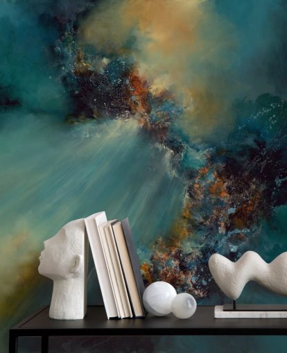 mural de papel de parede abstrato personalizável azul e dourado chamado Nebula de Alison Johnson para quartos
