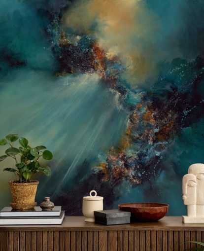 mural de papel pintado abstracto personalizable azul y dorado llamado Nebula de Alison Johnson para dormitorios