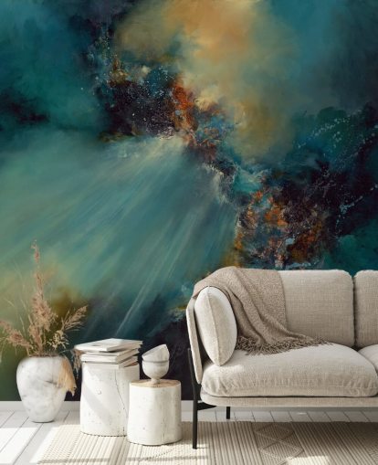 mural de papel pintado abstracto personalizable azul y dorado llamado Nebula de Alison Johnson para dormitorios