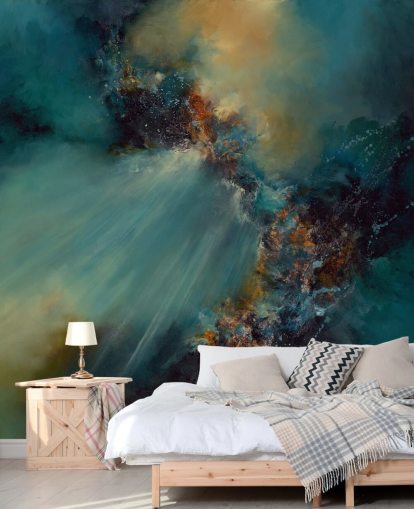 mural de papel pintado abstracto personalizable azul y dorado llamado Nebula de Alison Johnson para dormitorios