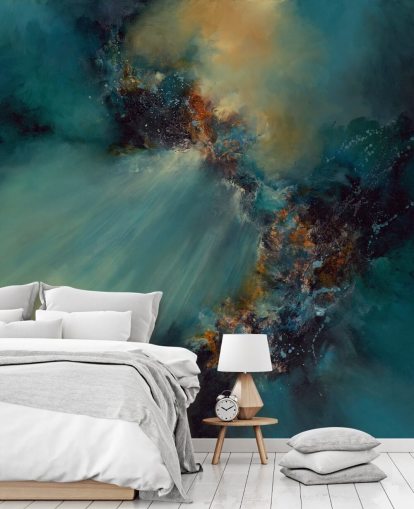mural de papel de parede abstrato personalizável azul e dourado chamado Nebula de Alison Johnson para quartos mural de papel de parede abstrato personalizável azul e dourado chamado Nebula de Alison Johnson para quartos